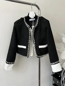 Черный Твидовый Пиджак Для Женщин 2023, Осенние Корейские Модные Короткие Пальто, Укороченный Топ С круглым вырезом, Однобортная Шерстяная Верхняя Одежда Femme