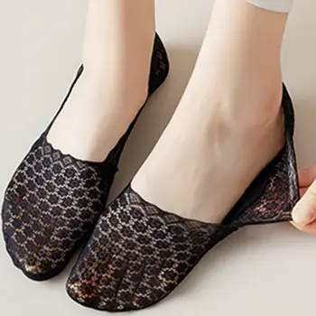 Силиконовые нескользящие однотонные модные Высококачественные носки-лодочки без показа, невидимые носки, женские сетчатые носки в цветочек Изображение 2