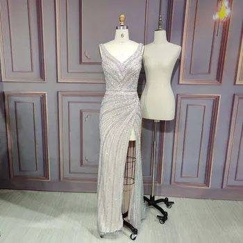 YQLNNE Couture Роскошные вечерние платья с кристаллами 2021, длинные вечерние платья с V-образным вырезом, расшитые бисером, тюлевые платья с высоким разрезом для женщин