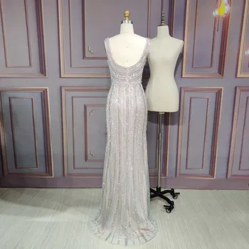 YQLNNE Couture Роскошные вечерние платья с кристаллами 2021, длинные вечерние платья с V-образным вырезом, расшитые бисером, тюлевые платья с высоким разрезом для женщин Изображение 2