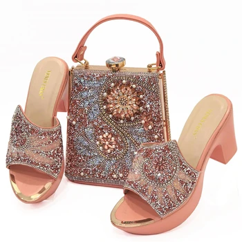 Красивые женские туфли и сумка в тон Персикового цвета, Высококачественные Босоножки на очень высоком каблуке для Свадебной вечеринки