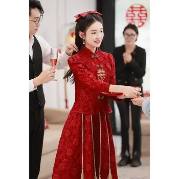 Новая Китайская одежда для Тостов Невесты, Винно-красный Чонсам, Улучшенные Простые комплекты Xiuhe, Весеннее свадебное платье Ципао с длинными рукавами из двух частей