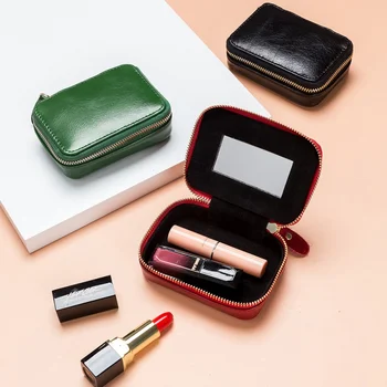 Мини-набор для губной помады из натуральной кожи с зеркалом, косметичка, Женская коробка для хранения ювелирных изделий, сумка для монет