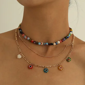 Корейское многослойное ожерелье-чокер с цветной глазурью DIEZI для женщин и девочек, Богемное Разноцветное ожерелье из случайных фруктовых бусин, ювелирные изделия