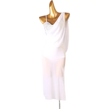 Белое платье для латиноамериканских танцев, Сексуальные Кристаллы, Стразы, Женская танцевальная одежда с длинными рукавами для Румбы, Ча-Ча-Ча