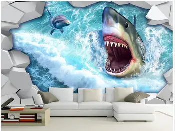 3d обои фото на заказ, нетканая настенная наклейка, 3D акула, разбитая настенная живопись, 3D настенные росписи в комнате, обои