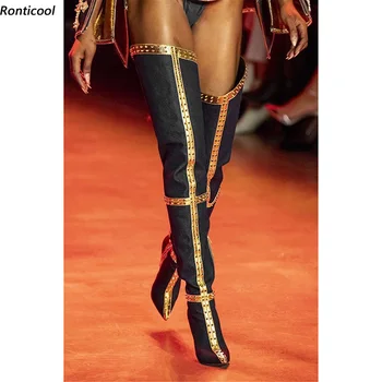 Ronticool/ современные модные женские сапоги до бедра, пикантные женские вечерние туфли на тонком высоком каблуке с острым носком, цвет Черный, синий, Размер США 5-15