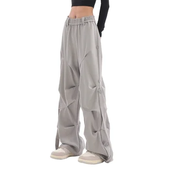 Женские повседневные брюки Y2K с эластичной резинкой на талии, летняя корейская уличная одежда 2023 года, Джоггеры для бега трусцой большого размера с высокой талией, Серые плиссированные брюки