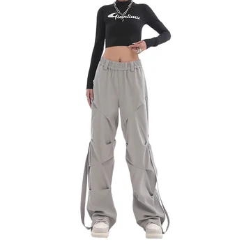 Женские повседневные брюки Y2K с эластичной резинкой на талии, летняя корейская уличная одежда 2023 года, Джоггеры для бега трусцой большого размера с высокой талией, Серые плиссированные брюки Изображение 2