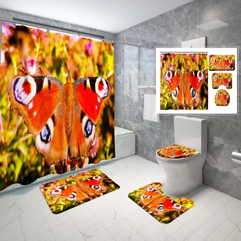 Набор из 4 предметов, красочная занавеска для душа с бабочкой, бабочка на растении, занавеска для душа, нескользящий коврик для ванной, крышка унитаза