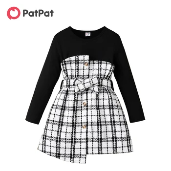 PatPat/Осенне-зимние платья в клетку для девочек, Твидовое Платье с пуговицами и неровным подолом с длинными рукавами для девочек от 5 до 12 лет