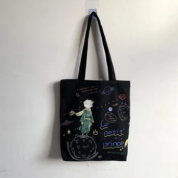 Новые Холщовые сумки с рисунком Маленького принца в Японском Стиле, Маленькая сумка через плечо в стиле Фреш Арт Для женщин, сумки для покупок, Эко-студенческая сумка Ins Изображение 2