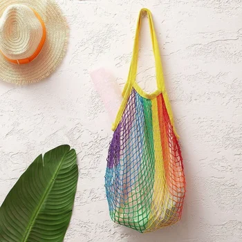 Летняя Пляжная сумка для хранения игрушек с радужной сеткой, сумка для переноски овощей, сетчатая сумка с подкладкой для фруктов, портативная сумка для покупок