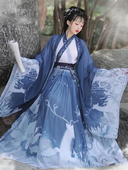 Оригинальный Китайский традиционный Hanfu для женщин Династии Вэйцзинь, древние красно-синие танцевальные костюмы, Народные сказочные наряды, 3 шт., 3 м, полные комплекты