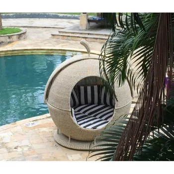 Роскошная круглая вилла с плетеным из ротанга патио бассейн открытый шезлонг мебель для отдыха из ротанга яблочная кровать