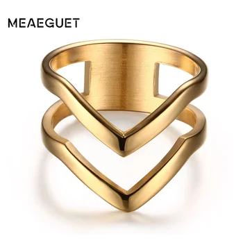 Кольцо для женщин Золотого цвета из нержавеющей стали, Изысканное блестящее полированное кольцо с двойным шевроном V-образной формы