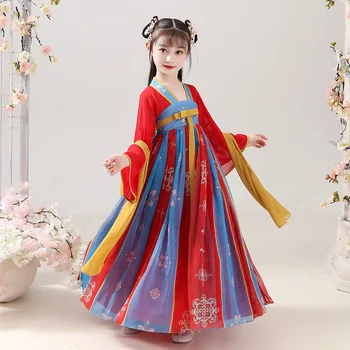 Платья в китайском стиле Hanfu Для девочек, Новинка 2023 года, Детский костюм эпохи Тан с Длинным рукавом и V-образным вырезом, Лоскутный Пояс с вышивкой на Весну-Осень