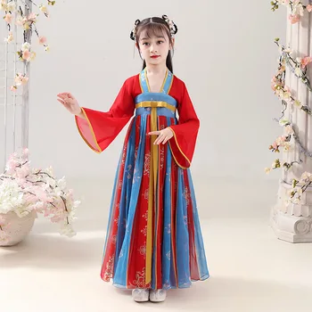 Платья в китайском стиле Hanfu Для девочек, Новинка 2023 года, Детский костюм эпохи Тан с Длинным рукавом и V-образным вырезом, Лоскутный Пояс с вышивкой на Весну-Осень Изображение 2