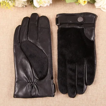 Черные мужские перчатки из овчины, Мужские Осенне-зимние тонкие бархатные Утолщенные теплые мужские сенсорные перчатки из натуральной кожи, НОВЫЕ EM018NQF1 Изображение 2