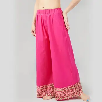 Индийские женские хлопчатобумажные прямые широкие брюки для танцев, длинные брюки с весенней вышивкой