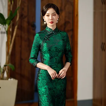 Yourqipao 2023 Осеннее Зеленое Вечернее платье Ципао в китайском традиционном стиле с длинным рукавом зеленого цвета в стиле Ретро, тонкое Вечернее платье Ципао для женщин Изображение 2