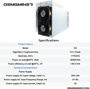Купите 2 и получите 1 бесплатно Новый Bitmain Antminer Dash Miner D9 с хэшрейтом 1770 Г, мощностью 2839 Вт без блока питания