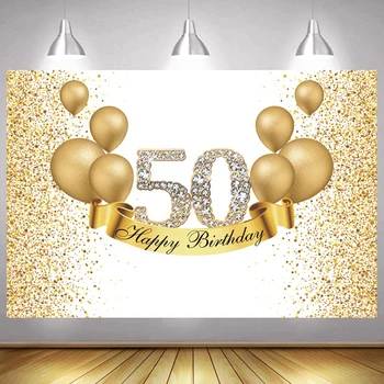 Золотой 50-й фон для фотосъемки Леди Мужчины С днем рождения Украшение в горошек, воздушный шар, бриллиантовые фоны для фотосъемки, баннер