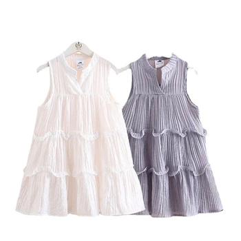 Летние платья для девочек от 3 до 12 лет, однотонное платье Принцессы без рукавов, Бело-серое Многослойное пляжное платье для девочек-подростков, Детская одежда