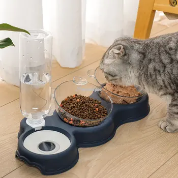 Миска для домашних кошек, автоматическая кормушка для собак, миска для кошачьего корма с фонтаном, двойная миска для кошачьей питьевой воды, вертикальная миска Изображение 2