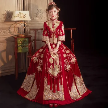 Китайское Традиционное Женское Свадебное Платье С Вышивкой Стразами, Длинный Чонсам, Стильная Элегантная Невеста, Жених китайская одежда