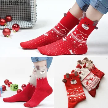 3 пары женских носков, Зимние теплые рождественские подарки, Стереоноски, Мягкий хлопок, Милые Носки с Оленями Санта-Клауса, Рождественские Носки