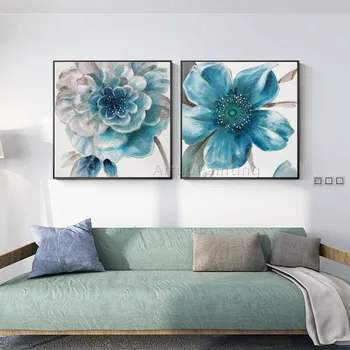 Набор из 2 современных расписанных вручную сине-зеленых и серых цветочных картин маслом на холсте для украшения гостиной Изображение 2