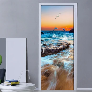 3D Наклейка На Дверь с Закатом и морским пейзажем, Современный Европейский Стиль, Декор Двери Гостиной Спальни, Фрески, ПВХ Самоклеящиеся Обои, Наклейка