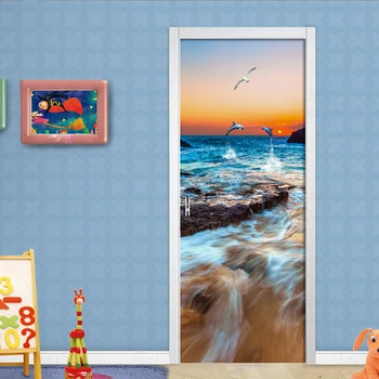 3D Наклейка На Дверь с Закатом и морским пейзажем, Современный Европейский Стиль, Декор Двери Гостиной Спальни, Фрески, ПВХ Самоклеящиеся Обои, Наклейка Изображение 2