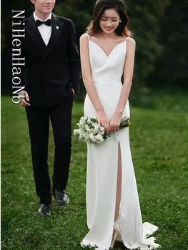 Свадебное платье с разрезом, V-образным вырезом, на бретельках, без спинки, Свадебное платье длиной до пола, Vestido De Novia Изображение 2
