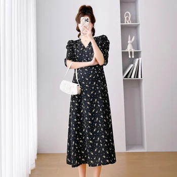 8625 # Летнее Корейское Модное Шифоновое длинное платье с цветочным принтом для беременных, Милая Элегантная одежда трапециевидной формы для беременных