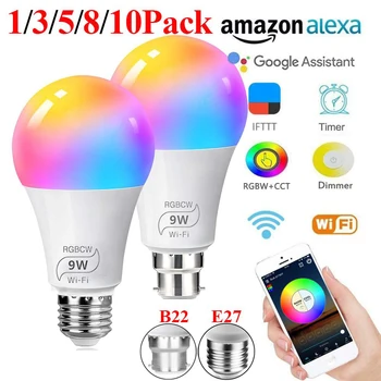 1/3 упаковки 9 Вт WiFi Умная Лампочка RGB CCT E27 B22 Светодиодная Лампа для Amazon Alexa/Google App Control, Меняющая Цвет, Светильник для домашнего Декора