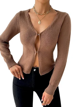 Женский весенне-осенний однотонный укороченный кардиган с длинным рукавом и V-образным вырезом, однотонный вязаный свитер с крючком, футболки, топы Изображение 2