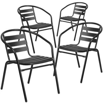 4 Комплекта черного металлического ресторанного стула с алюминиевыми рейками Изображение 2