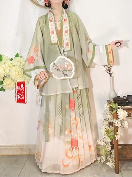 Древнекитайское платье ручной работы Hanfu, Женская плиссированная юбка с цветочным рисунком и короткими рукавами на весну-лето