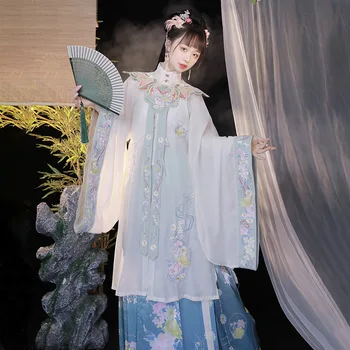 Новый весенний вечерний Hanfu hanfu, длинная рубашка с вышивкой в китайском стиле, воротник-стойка, юбка с оборками, костюм с облаками на плечах Изображение 2