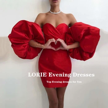 Короткие платья LORIE для выпускного вечера с пышными рукавами, атласное платье трапециевидной формы в арабскую складку, свадебное платье для выпускного 2021 Изображение 2