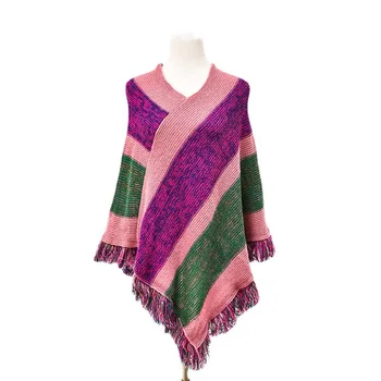 Осенне-зимний Свободный пуловер с V-образным вырезом, свитер, накидка в полоску с кисточками, Женское модное уличное пончо, женские накидки фиолетового цвета, плащи