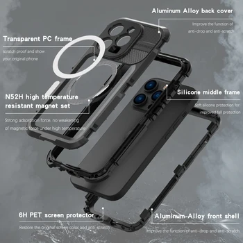 IP68 Настоящий водонепроницаемый чехол для iphone 14 Pro Max 14 Plus Magsafe Case из алюминиевого сплава для дайвинга, Плавания, беспроводной зарядки