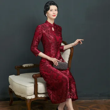 Китайские Платья Cheongsams Бордового цвета для матери Невесты 2023 для Свадеб с Чепчиком Vestido Invitada Boda, Свадебное платье для вечеринки Изображение 2