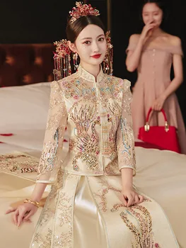 Невеста в китайском стиле, Блестящее свадебное платье с шампанским, банкетная одежда, Чонсам, Винтажные блестки, вышивка бисером, Ципао