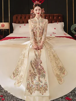 Невеста в китайском стиле, Блестящее свадебное платье с шампанским, банкетная одежда, Чонсам, Винтажные блестки, вышивка бисером, Ципао Изображение 2