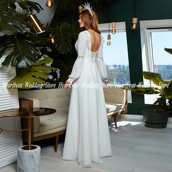 Простое богемное шифоновое свадебное платье с длинным рукавом в складку, длина до пола, корсет, свадебное платье с V-образным вырезом, белое Свадебное платье плюс Изображение 2