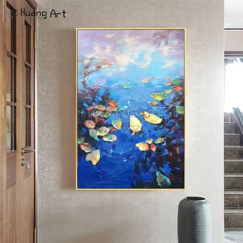 Ручная роспись Маслом с пейзажем на холсте, Две маленькие уточки, играющие в сапфирово-голубом озере, картина маслом для декора стен Изображение 2