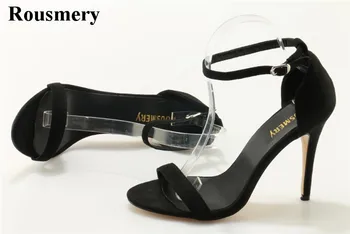 Женский Простой дизайн, черные замшевые Босоножки на высоком каблуке с ремешком на лодыжке, Босоножки-помпоны с пряжкой, Вечерние модельные туфли